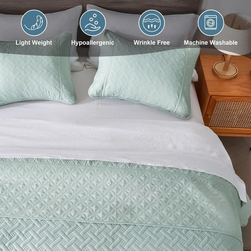 Quilt Set, 3 Piece Soft Basket Weave Sage Green Bedspread King Light Green